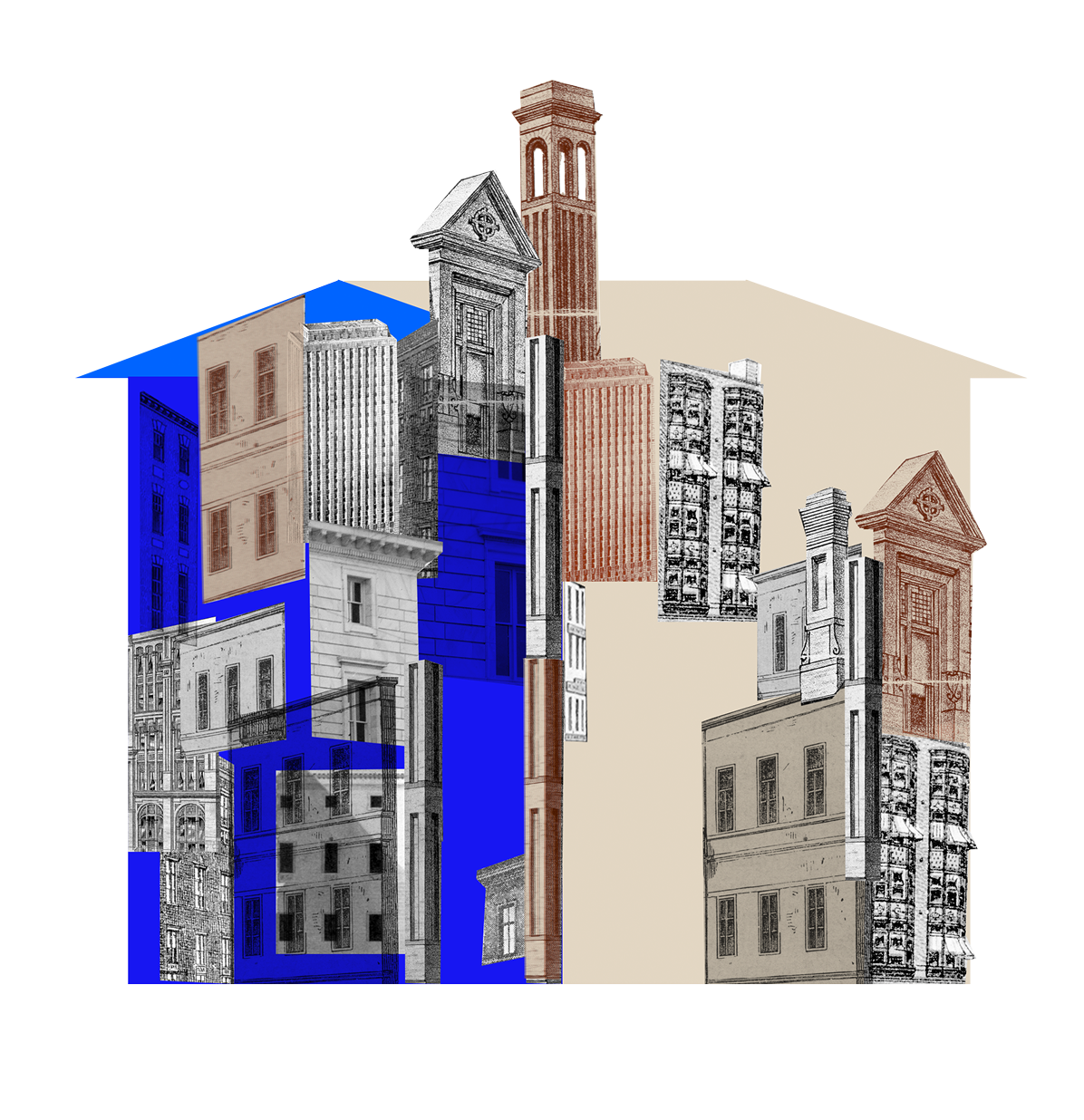 Ett husformat collage byggt av fragment från olika byggnader. Symboliserar ett nytt juridiskt hus för framtiden.