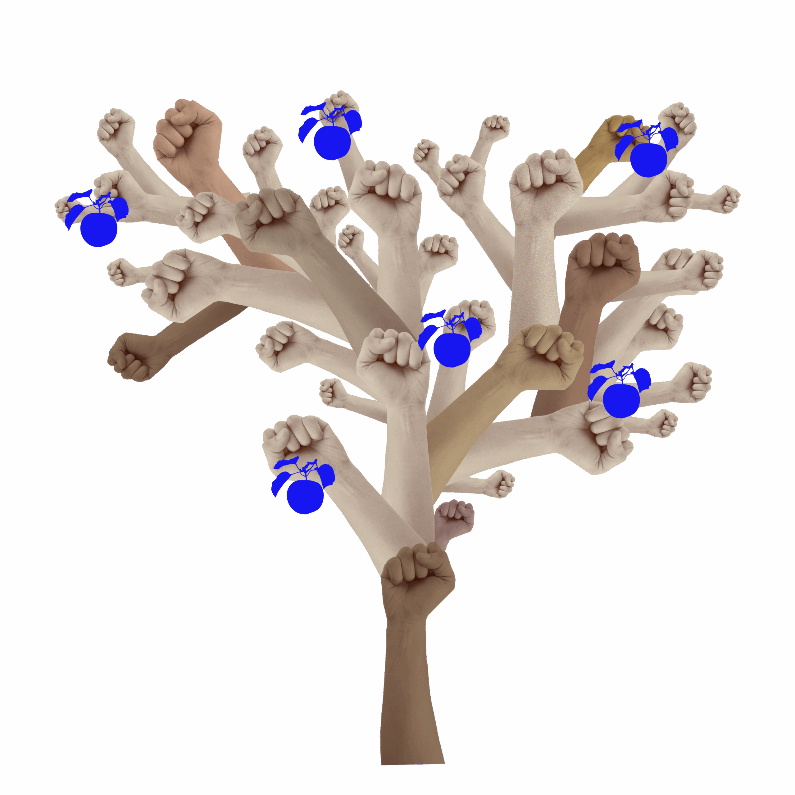 Ett träd format av armar och knutna nävar som grenar. Symboliserar gemensam kraft.