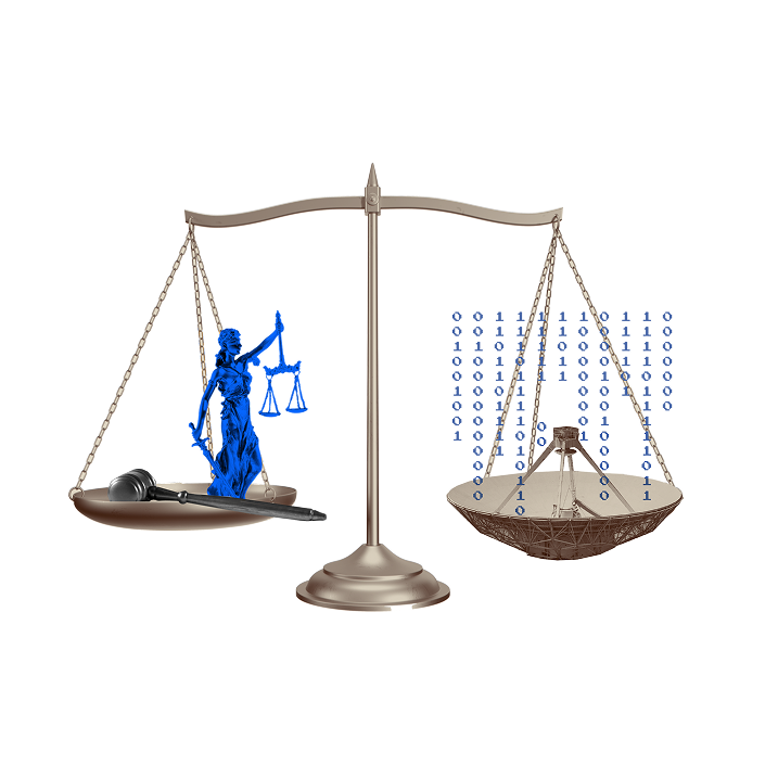 Våg med två skålar. Till vänster Justitia-staty och domarklubba, till höger en parabolantenn med binär kod. Symboliserar mötet mellan lag och teknik.