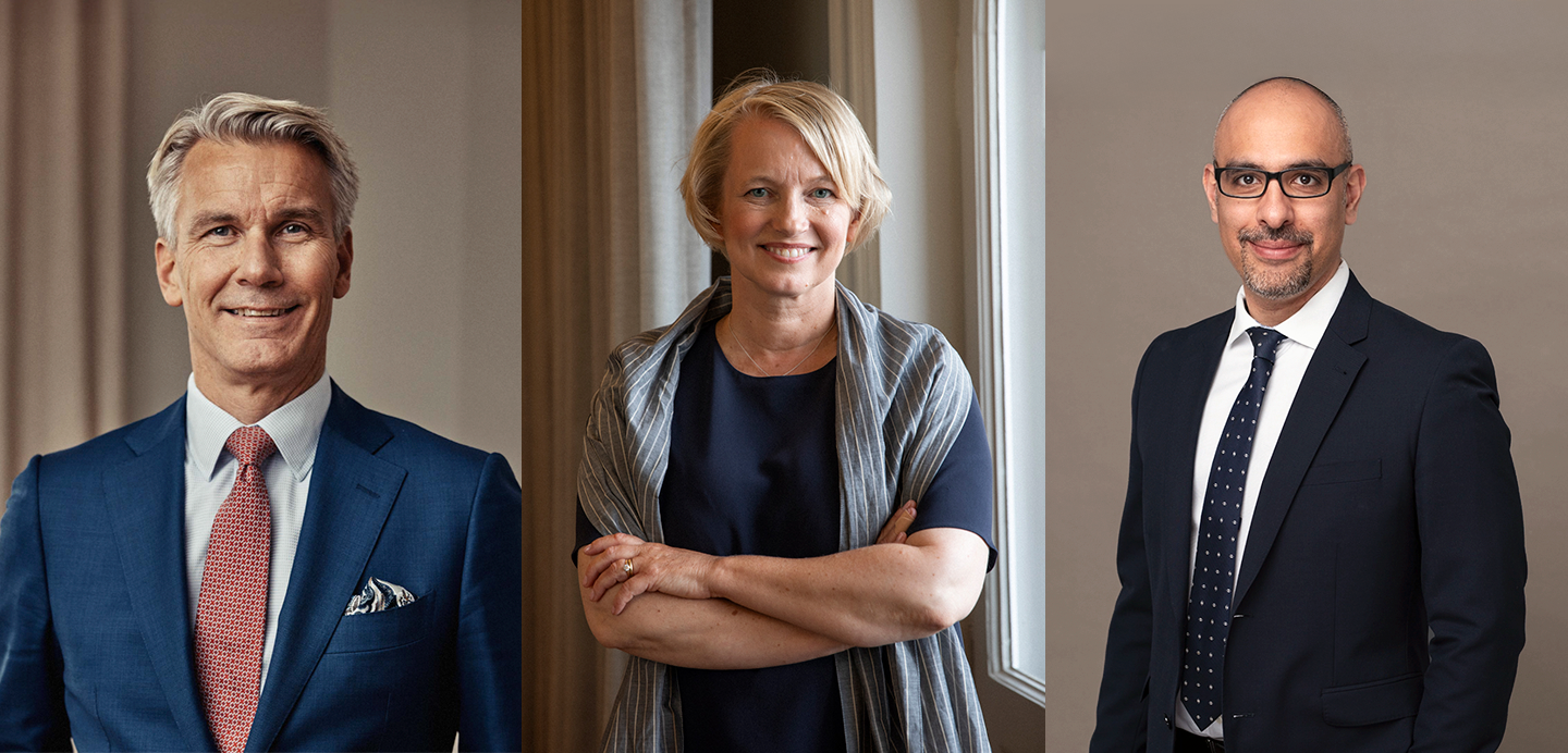 Patrick Forslund, styrelseordförande på Wigge. Maria-Pia Hope, Group CEO på AGRD Partners. Amir Mohseni, Managing Partner på Bokwall Rislund.