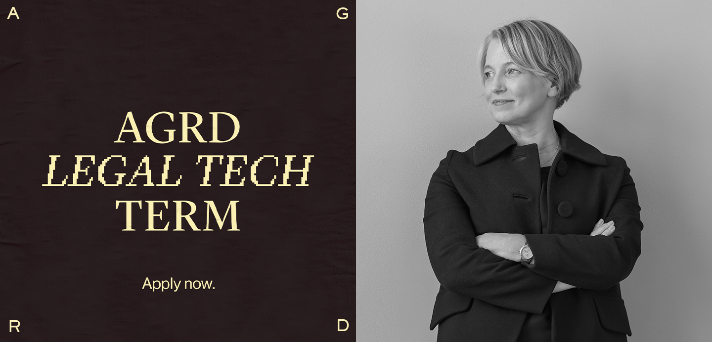 En 50/50-bild med texten "AGRD Legal tech term" till vänster och en bild på Maria-Pia Hope, Group CEO för AGRD Partners till höger.