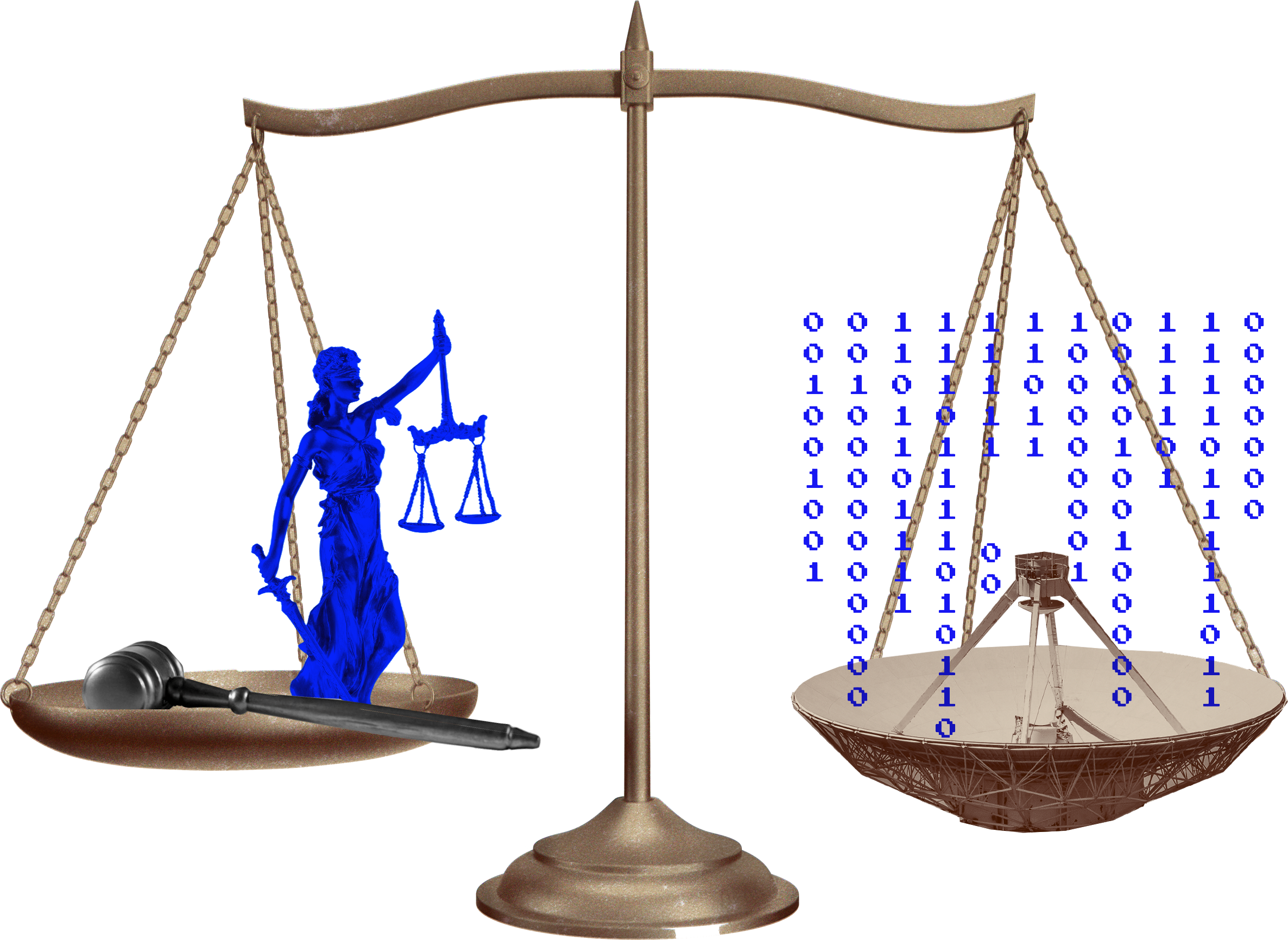Våg med två skålar. Till vänster Justitia-staty och domarklubba, till höger en parabolantenn med binär kod. Symboliserar mötet mellan lag och teknik.